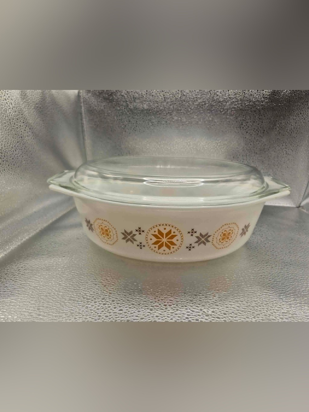 Vintage Pyrex Town & Country Orange & Gold Starburst Casserole Dish with Lid 045